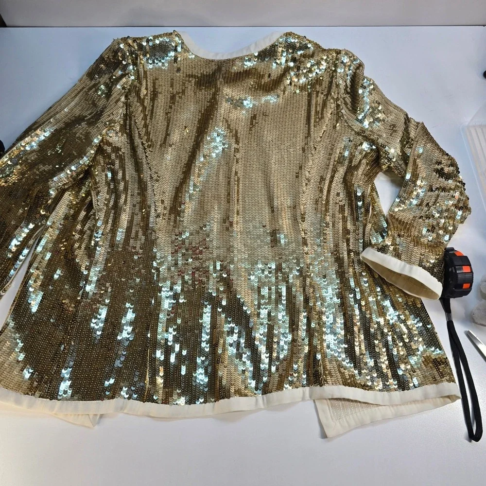 Tory Burch Bergdorf Goodman Gold Sequin Silk Tie Front Jacket Cardigan‎ Top SZ 4